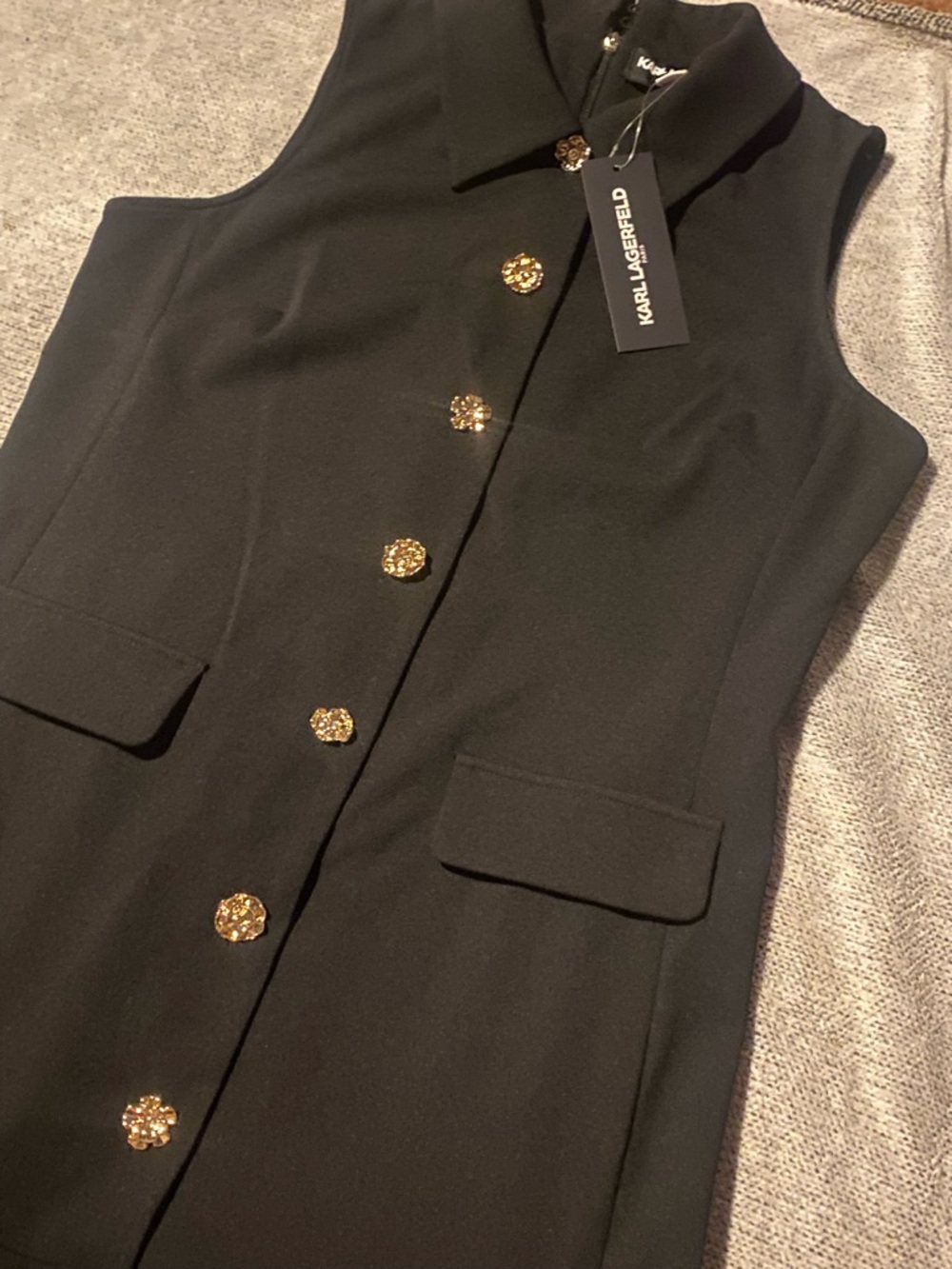 (NWT) KARL LAGERFELD- Black Sleeveless Button-Front Ruffle Hem Mini Dress 🖤 ✨ - Picture 4 of 16
